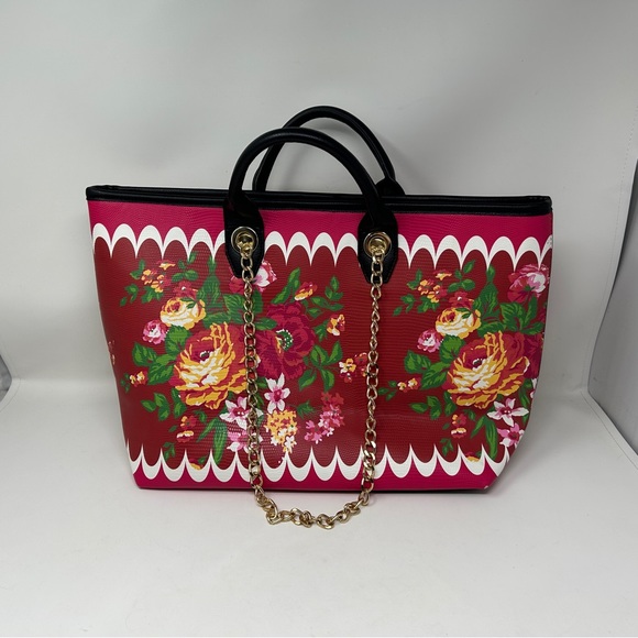 Betsey Johnson red roses double handle gold chain tote bag - Picture 3 of 14